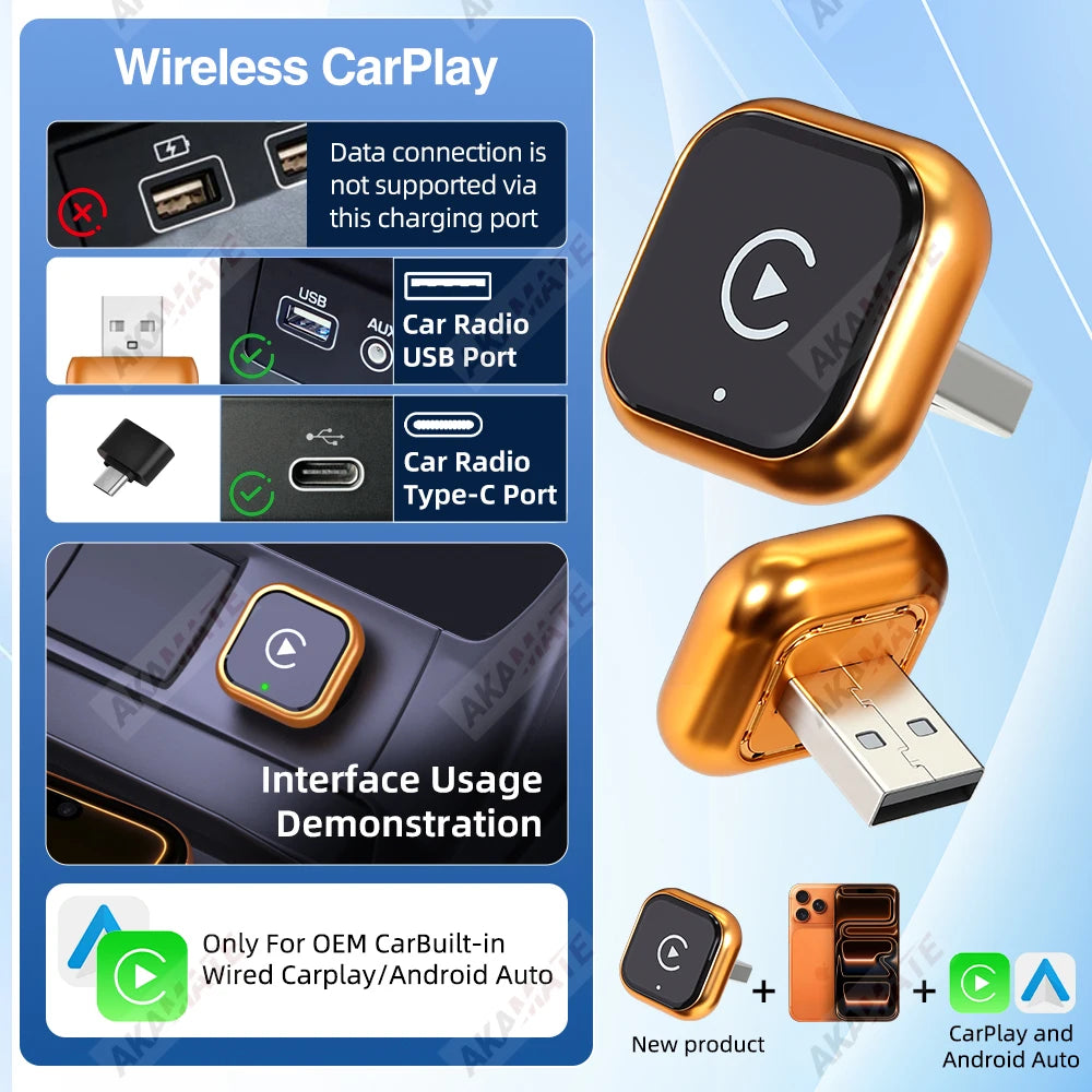 Kabelloser Adapter CarPlay Android Auto 2-in-1 Kabelgebunden zu Kabellos CarPlay Android Auto Bluetooth USB Typ-C Plug-and-Play