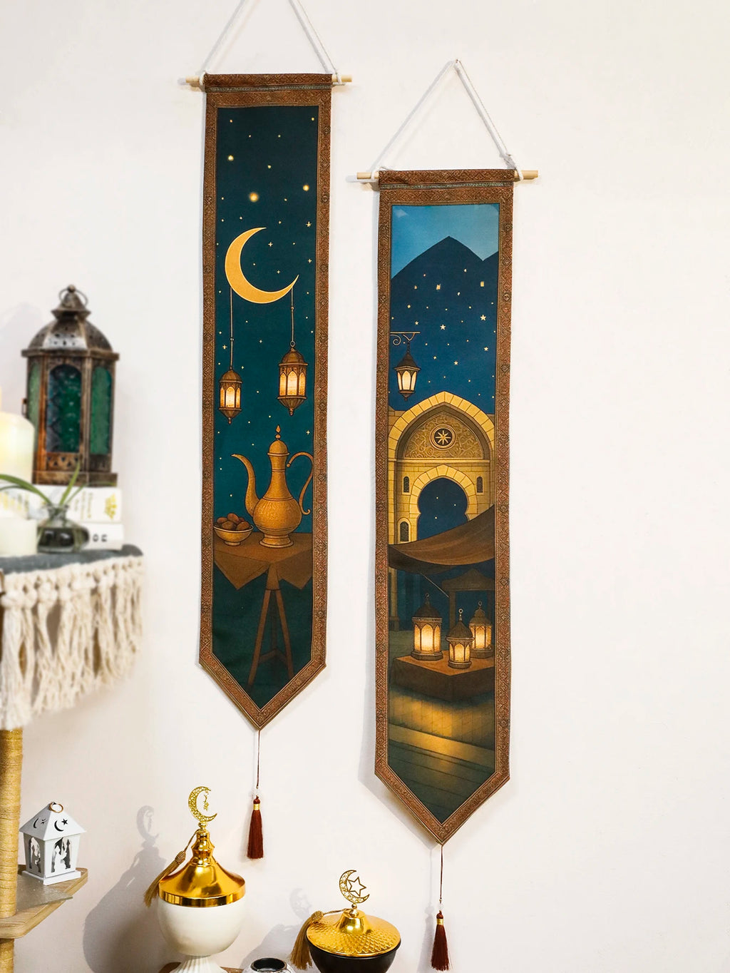 Islamic Ramadan Wall Banner Moon Lantern Mosque Tapestry for Eid Mubarak Kareem Muslim Festival Home Decor Hanging Ornament Gift
