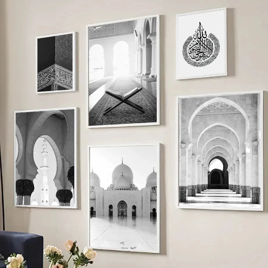Black and White Islamic Mosque Landscape Picture Minimalist Wall Art Canvas Painting Posters for Living Room Modern Home Decor