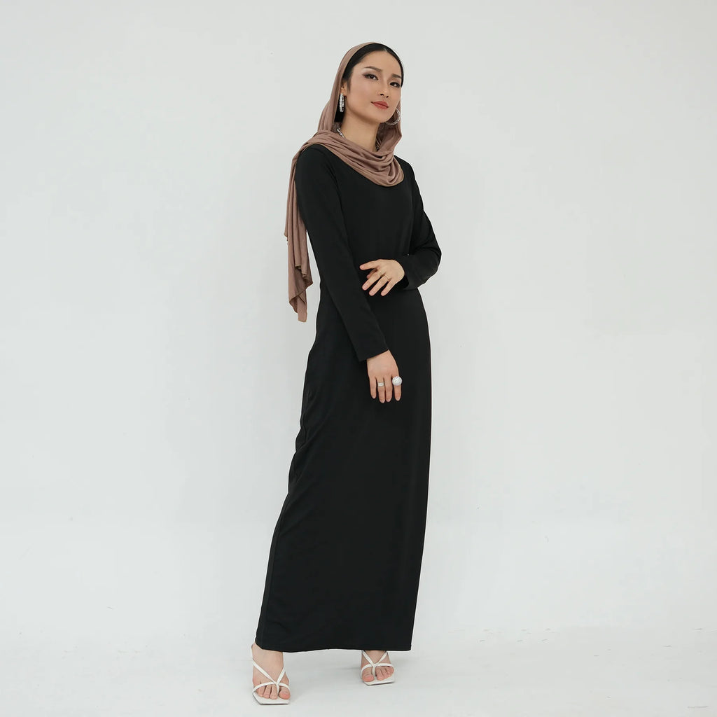 2025 Ramadan Muslim Women Abaya Islamic Stretch Underskirt - Solid Milk Silk Layering Dress Modest Elastic Inner Slip