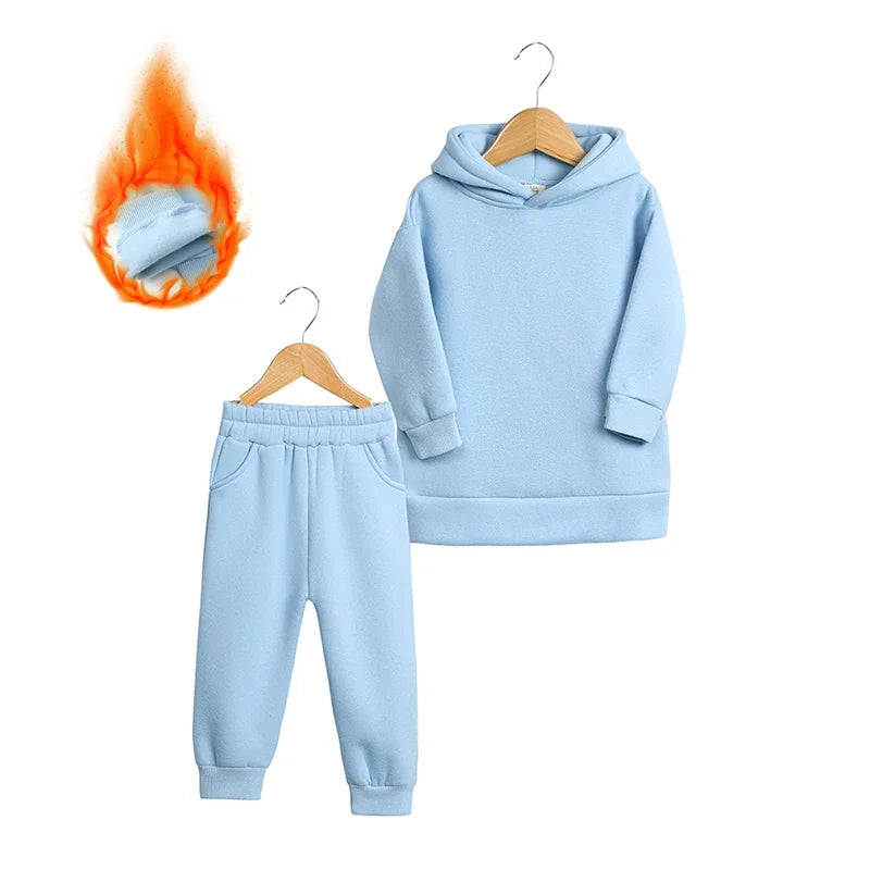 2026 Children Kids Fleece Winter Outfits Solid Cotton Hooded Sweatshirt+Pants Toddler Infant Suit Boy Girl Casual Warm Clothes