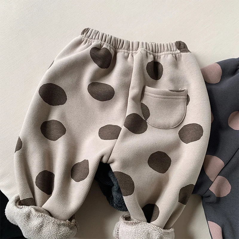 2025 New Winter Children Dot Print Trousers Plus Velvet Thick Girls Harem Pants Baby Boys Fleece Casual Pants Kids Clothes