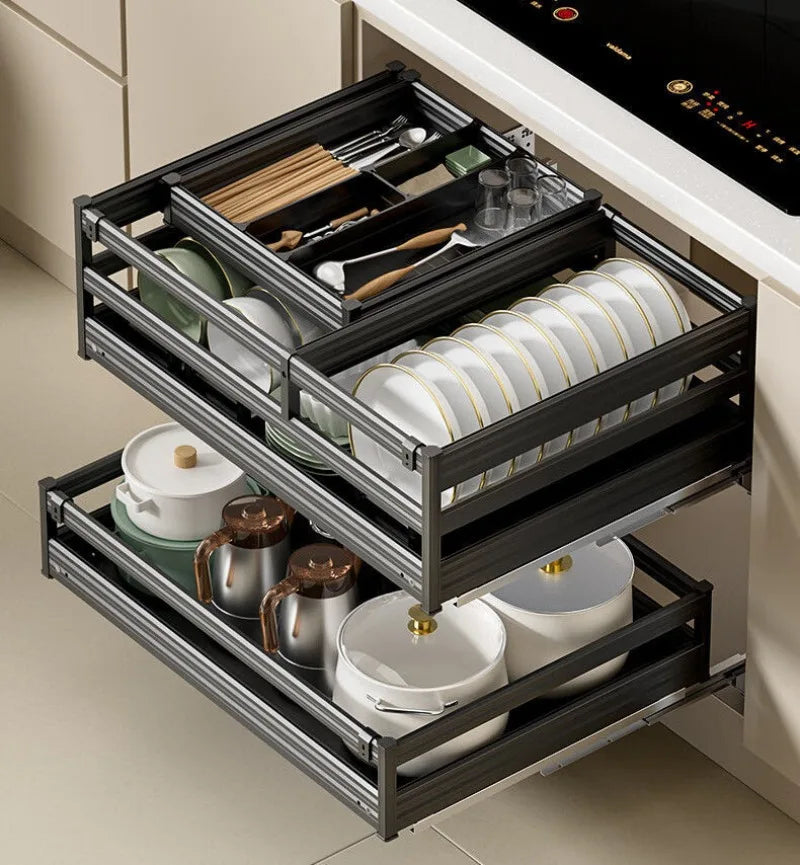 Pull Out Kitchens Cabinets Baskets Drawer Style Bowl Dish Storage Baskets Organization Three Layers Kitchens Shelf Thicken