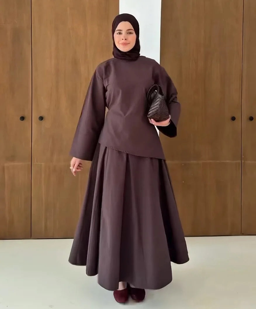 Elegant Muslim Women 2 Piece Abaya Set Ramadan Modest Summer Daily Turkey Top and Skirt Suit Islamic Casual Outfit for Eid