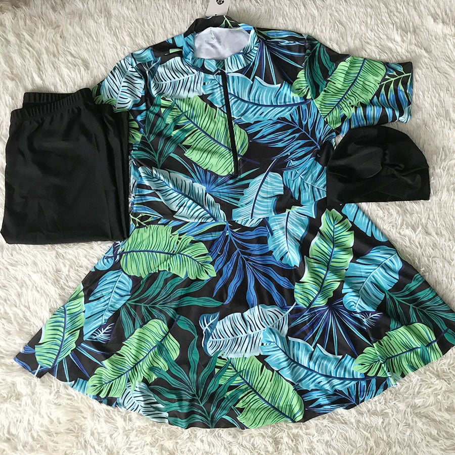 3PCS Floral Modest Burkini Femmes Women Muslim Swimwear Burkini Islamic Swimsuit