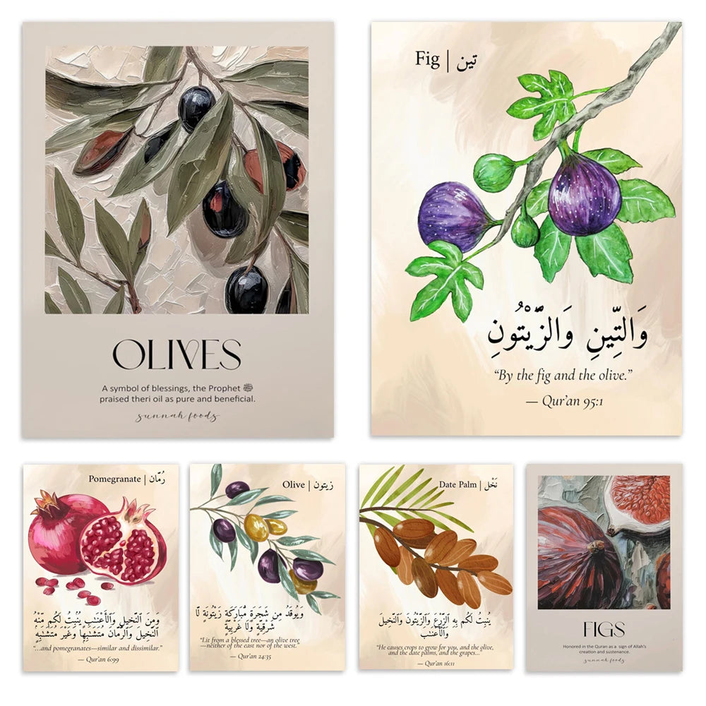 Islamische Kunst, Koran-Pflanzenverse, Hadith-Essen, Feigen, Oliven, Datteln, muslimische Granatapfel-Wandkunst, Poster zur Küchenwanddekoration