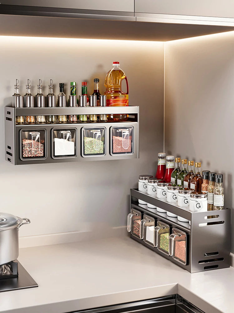 1 Equipped Kitchen Seasoning Shelf, No Drilling, Wall Hanging, Countertops, Cabinets, Multi-Functional Seasoning Storage Shelf