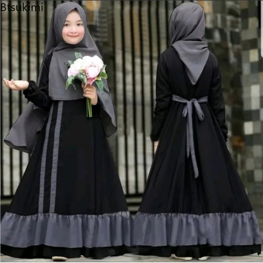 Muslim Ramadan 2Pcs Islamic Girls Modest Prayer Gown Long Sleeve Dress Hijab Arabic Kids Abayas Dubai Kaftan Robe with Headscarf