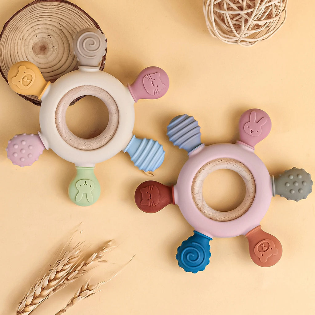 1PC Silicone Teether Baby Ring Shape Wooden Teether Ring Kid Gift BPA Free Silicone Children Goods Kid Teething Toy