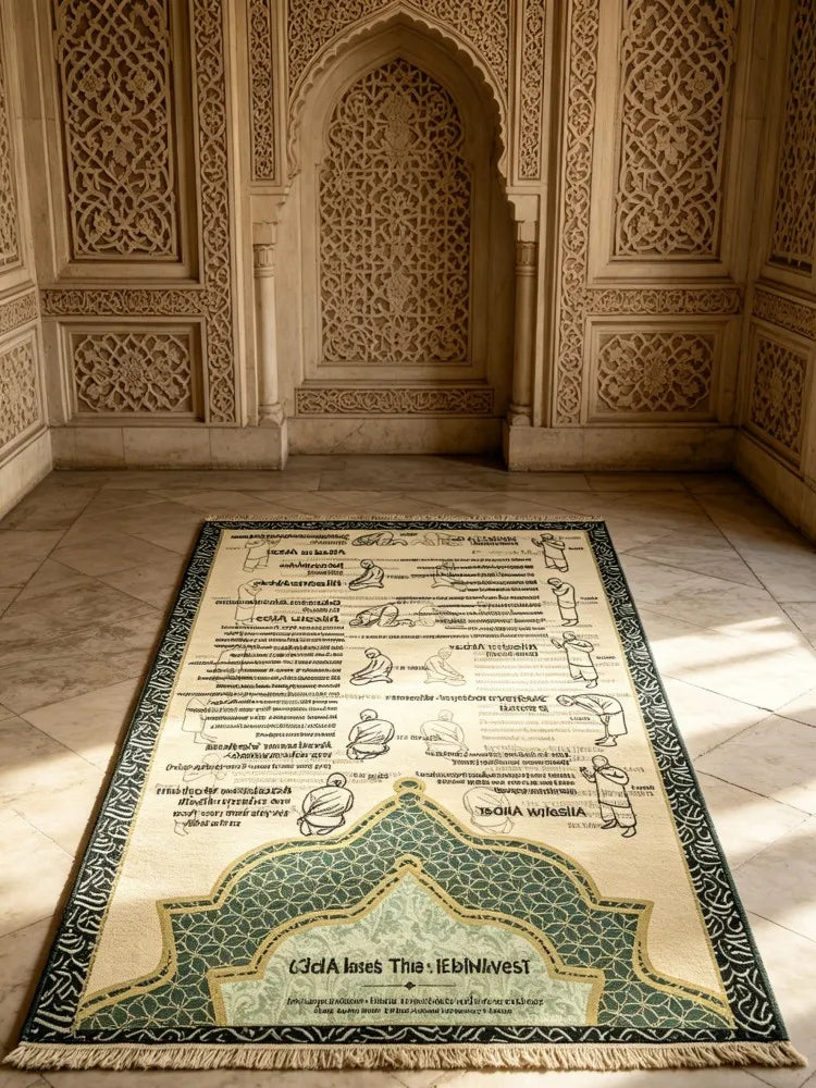 Islamic Prayer Rug with Salah Step Guide | Muslim Janamaz Sajjadah for Beginners