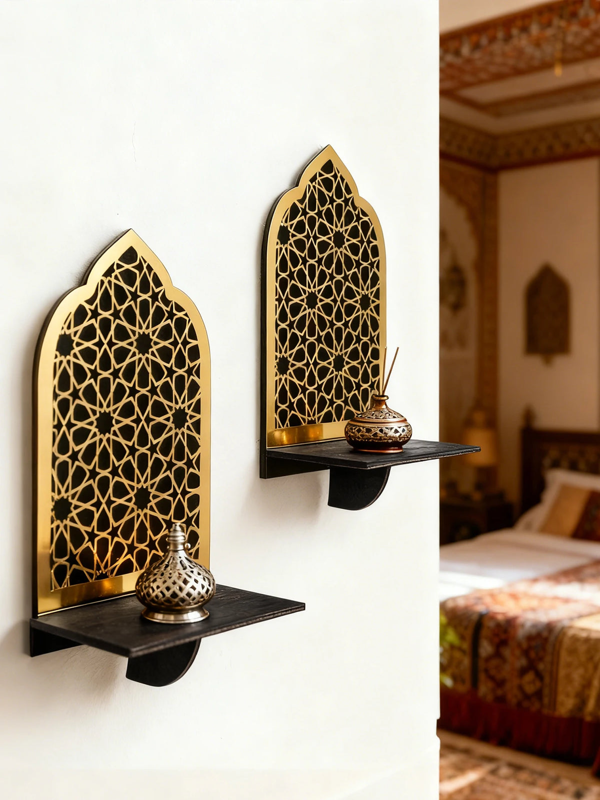 Islamic Ramadan Wood Wall Shelf Geometric Gold Black Acrylic Hanging Shelf for Eid Mubarak Kareem Candle Incense Home Decor Gift