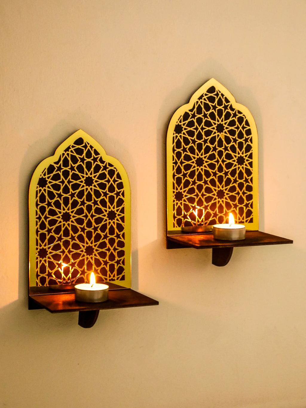 Islamic Ramadan Wood Wall Shelf Geometric Gold Black Acrylic Hanging Shelf for Eid Mubarak Kareem Candle Incense Home Decor Gift