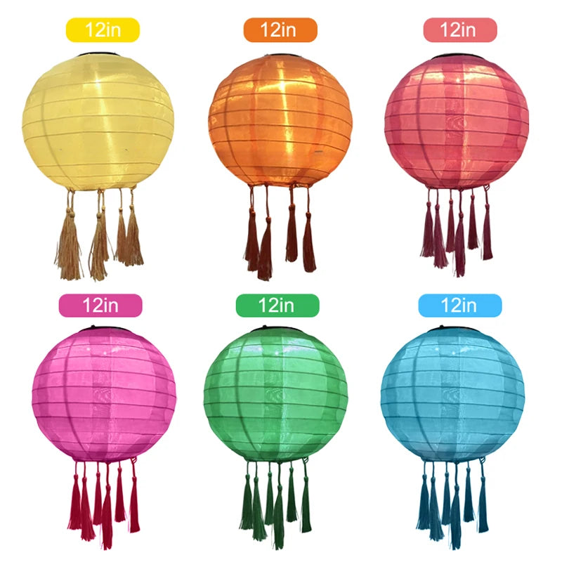 12 Inch Waterproof Solar Chinese Lantern Cloth Hanging Lamp Outdoor Festival Wedding Birthday Party Garden Hanging Lamp Decor