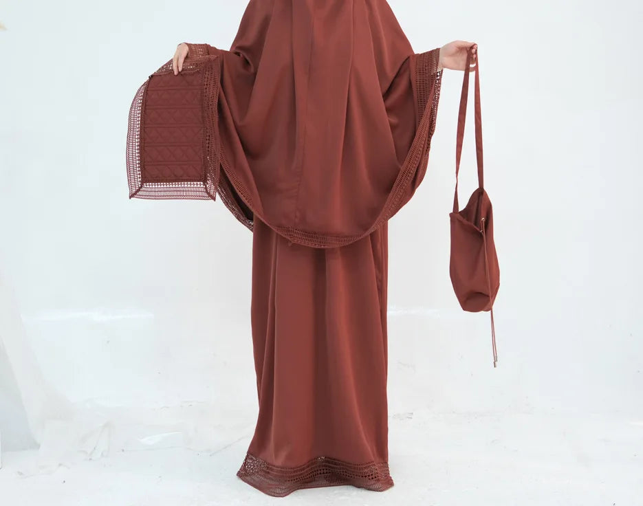 Complete Women's Islamic Prayer Outfit Set (4 Items) Includes Prayer Rug Carry Case Modest Abaya Dress and Khimar Headscarf