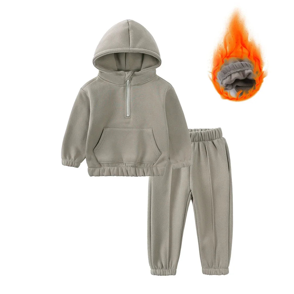 2026 Children Kids Fleece Winter Outfits Solid Cotton Hooded Sweatshirt+Pants Toddler Infant Suit Boy Girl Casual Warm Clothes