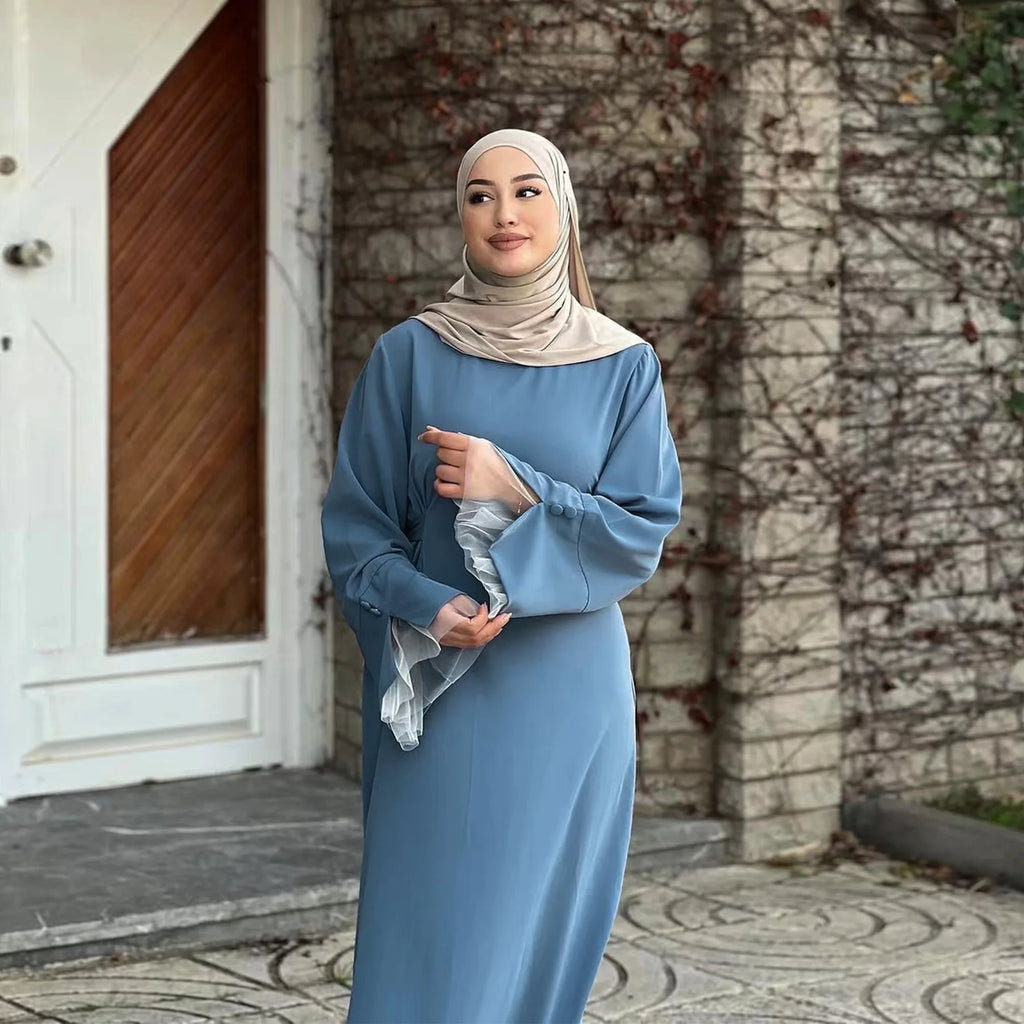 2025 Ramadan Modest Muslim Women's Clothes Elegant Arabic Back Belted Abaya Dress with Lace Sleeves Islamic Flared Maxi Robe