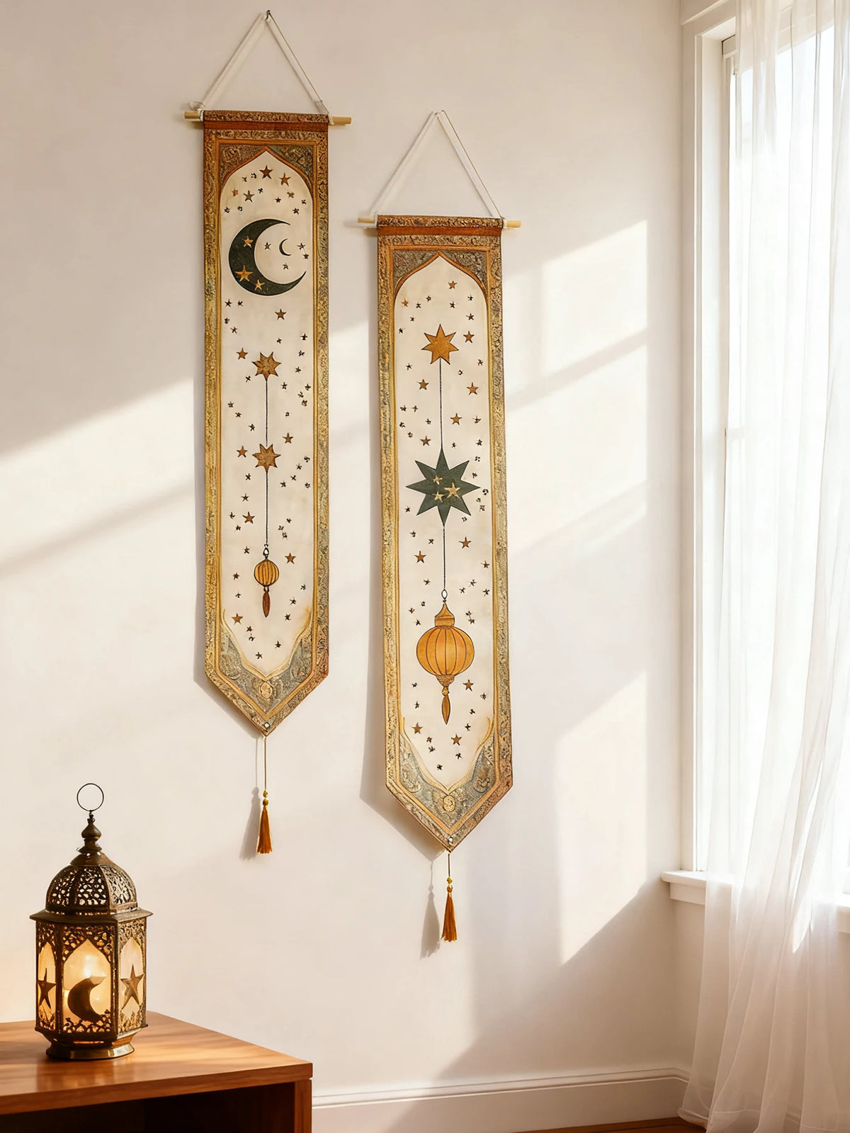 Islamic Ramadan Wall Banner Moon Star Lantern Tapestry for Eid Mubarak Kareem Muslim Festival Home Decor Hanging Ornaments Gifts