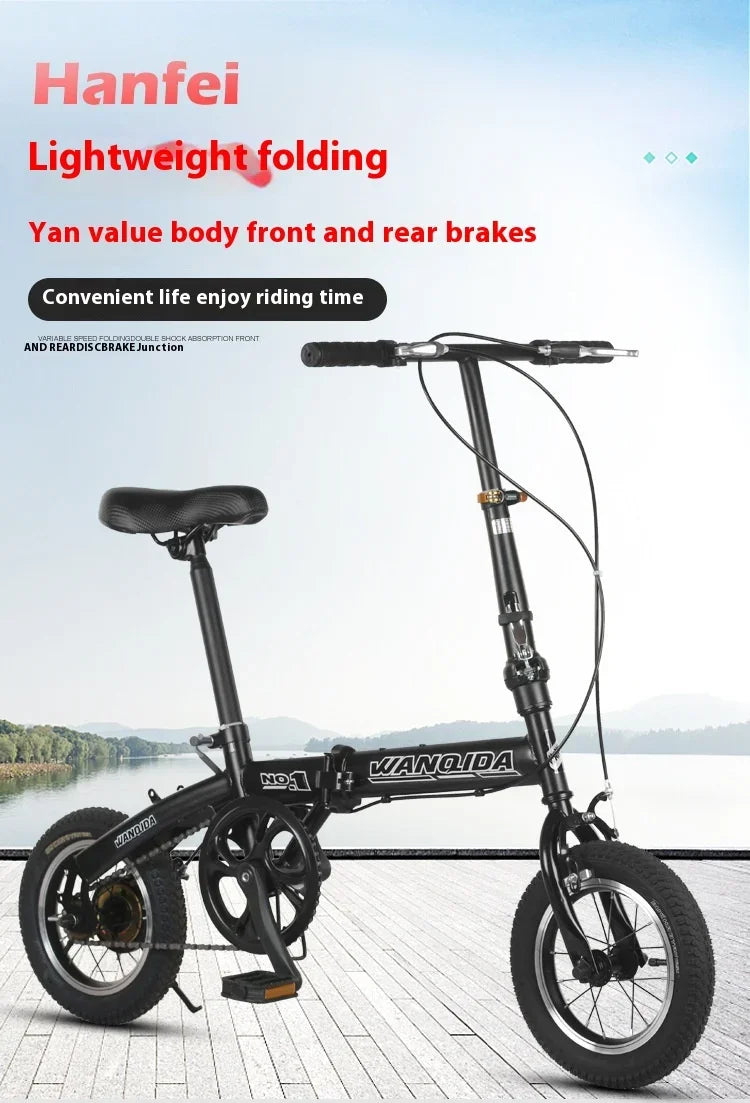 Foldable bicycle, 12-inch small bike for boys and girls, portable and ultra-light transmission with disc brakes