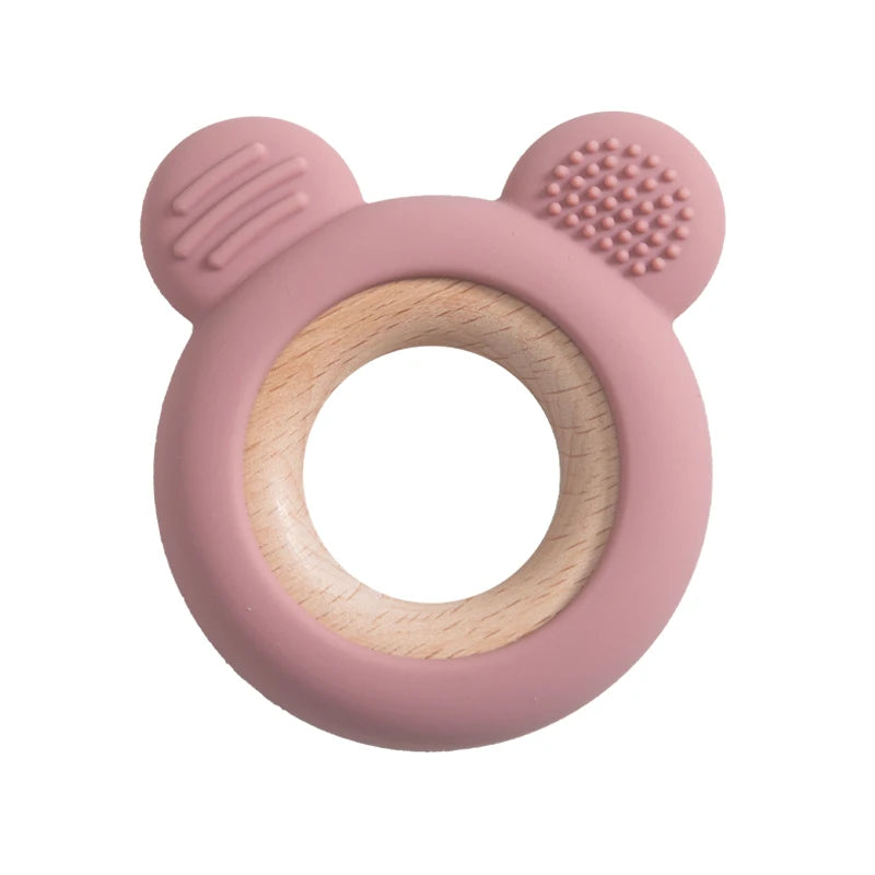 1PC Baby Silicone Wooden Teether Ring Cute Bear Infant Nursing Teething Toys Newborn Health Care Chewing Toy Baby Accessories