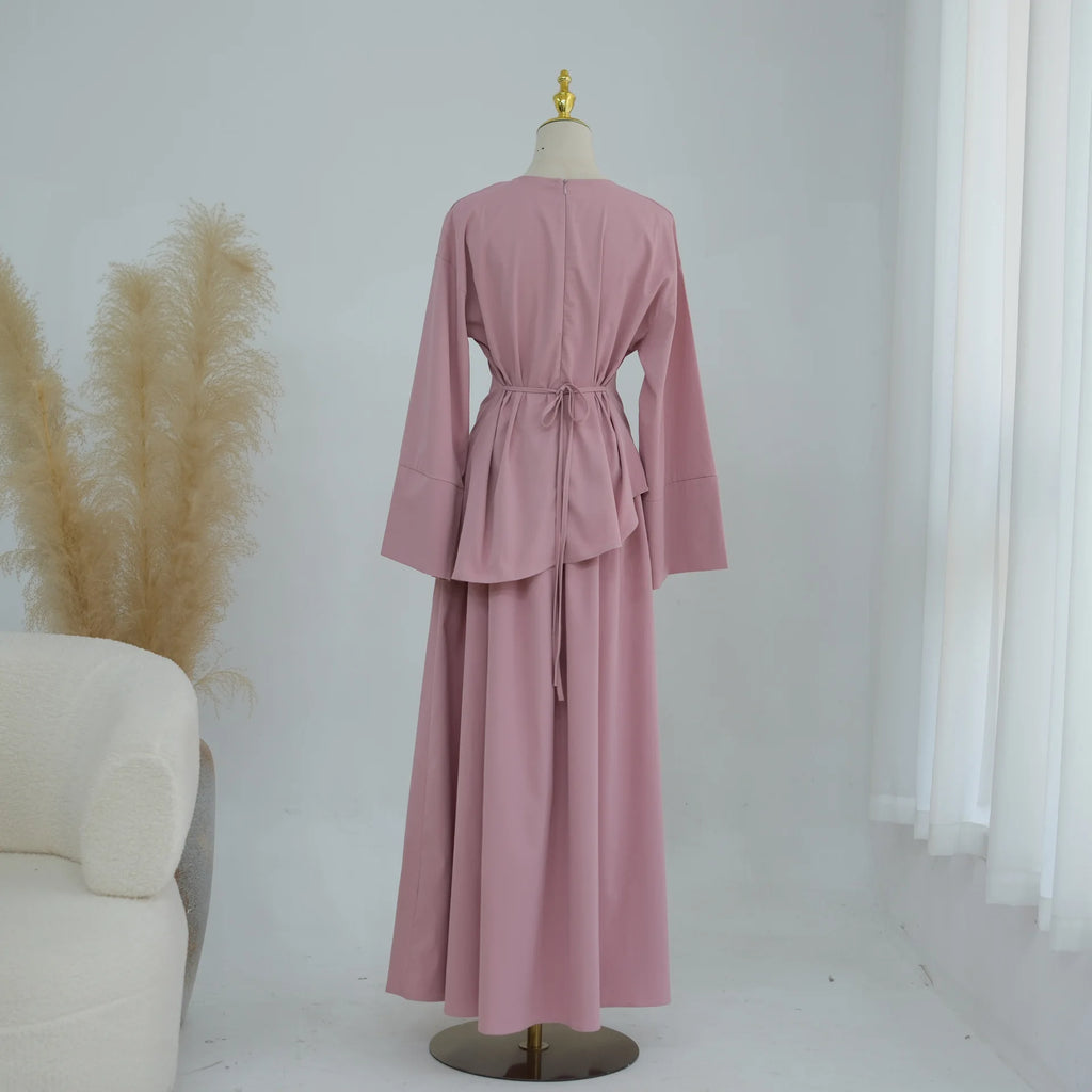Elegant Muslim Women 2 Piece Abaya Set Ramadan Modest Summer Daily Turkey Top and Skirt Suit Islamic Casual Outfit for Eid