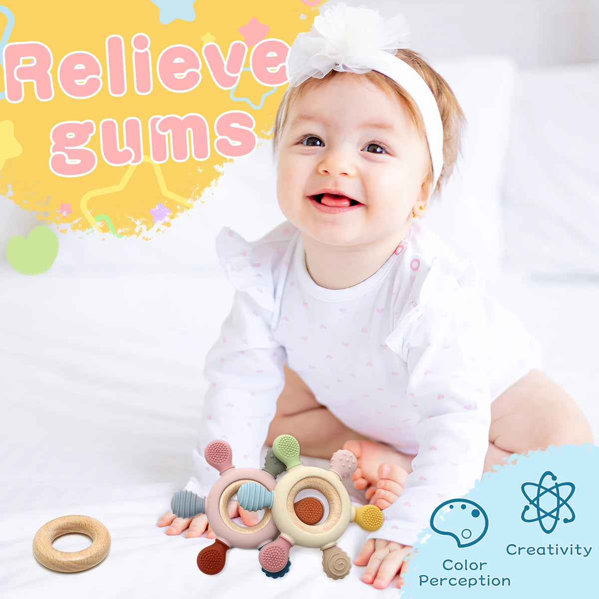 1PC Silicone Teether Baby Ring Shape Wooden Teether Ring Kid Gift BPA Free Silicone Children Goods Kid Teething Toy