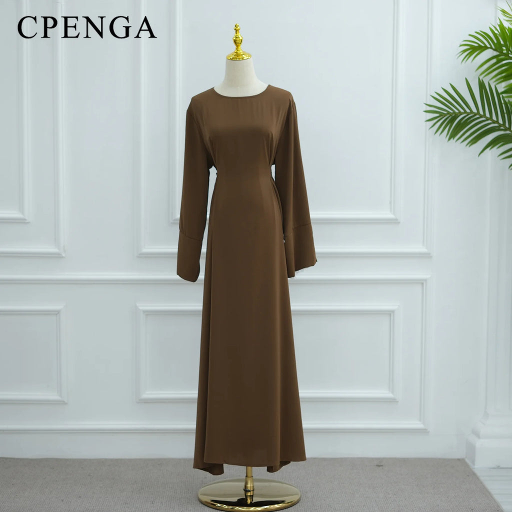 2025 Ramadan Bescheidene Muslimische Damenkleidung Elegantes Arabisches Abaya-Kleid mit Rückengürtel und Spitzenärmeln Islamisches Ausgestelltes Maxi-Gewand