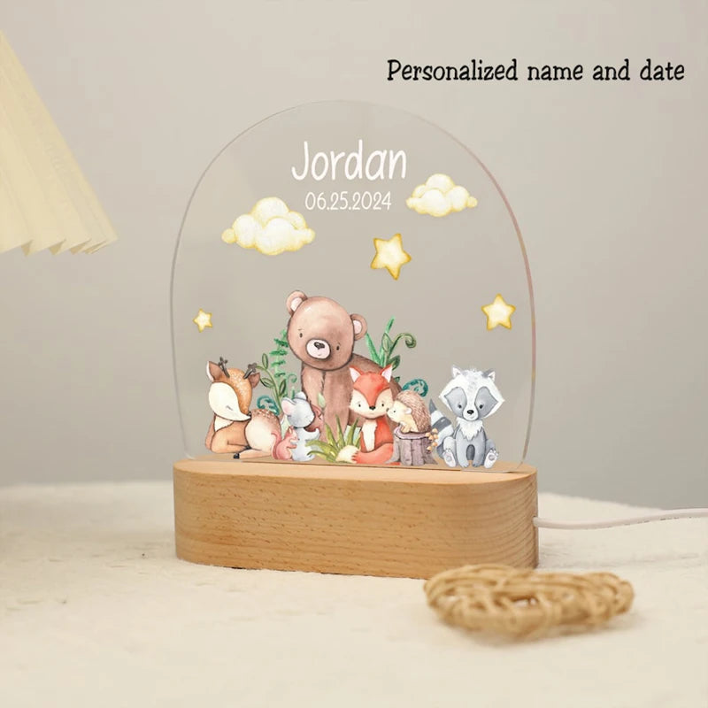 Personalized Acrylic Woodland Animals Forest Plaque with LED Night Light For Baby Children's Bedroom Nursery Light Birthday Gift