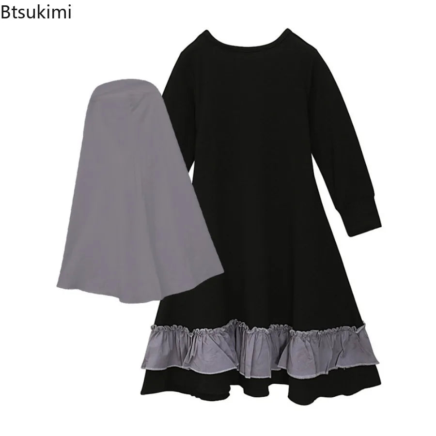 Muslim Ramadan 2Pcs Islamic Girls Modest Prayer Gown Long Sleeve Dress Hijab Arabic Kids Abayas Dubai Kaftan Robe with Headscarf