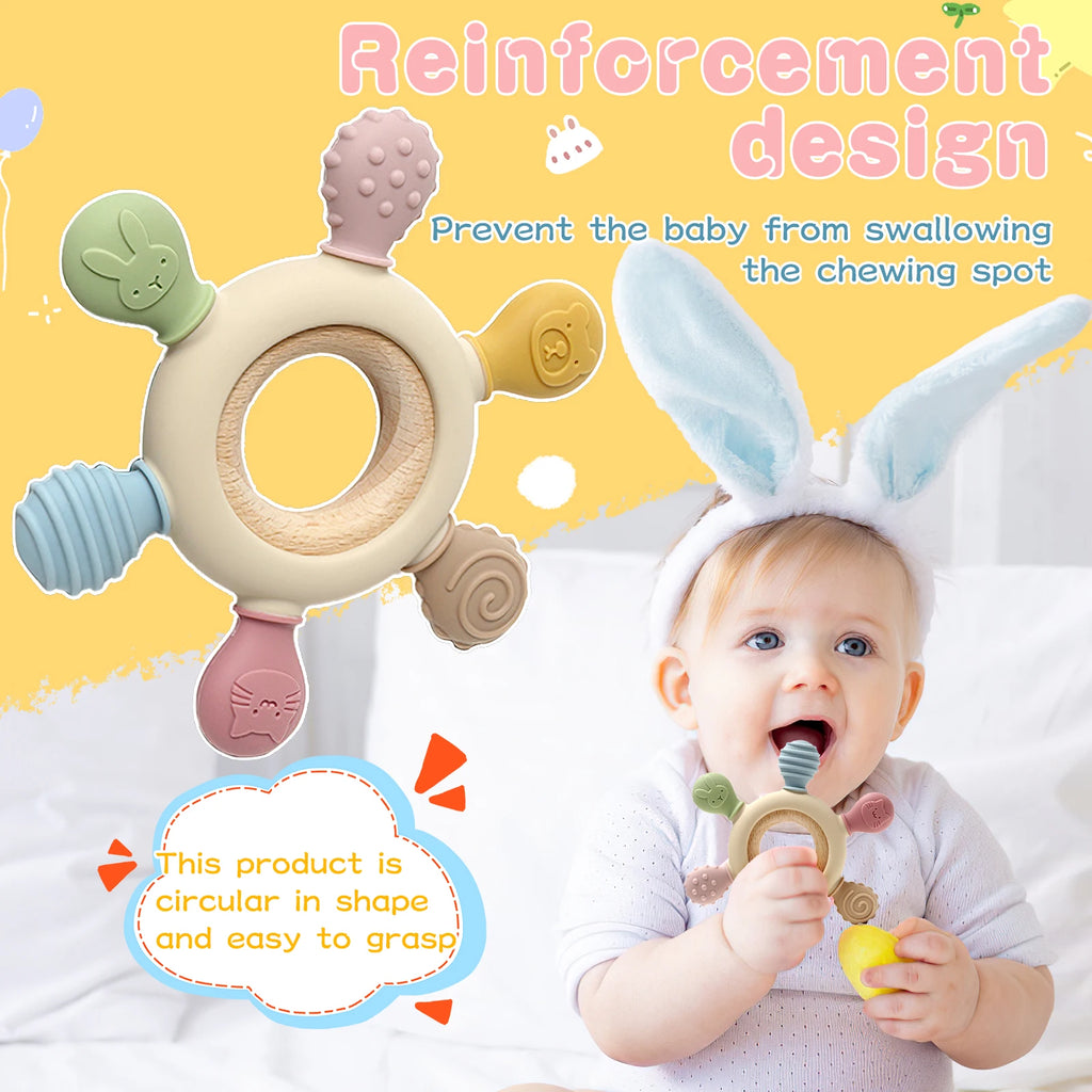 1PC Silicone Teether Baby Ring Shape Wooden Teether Ring Kid Gift BPA Free Silicone Children Goods Kid Teething Toy