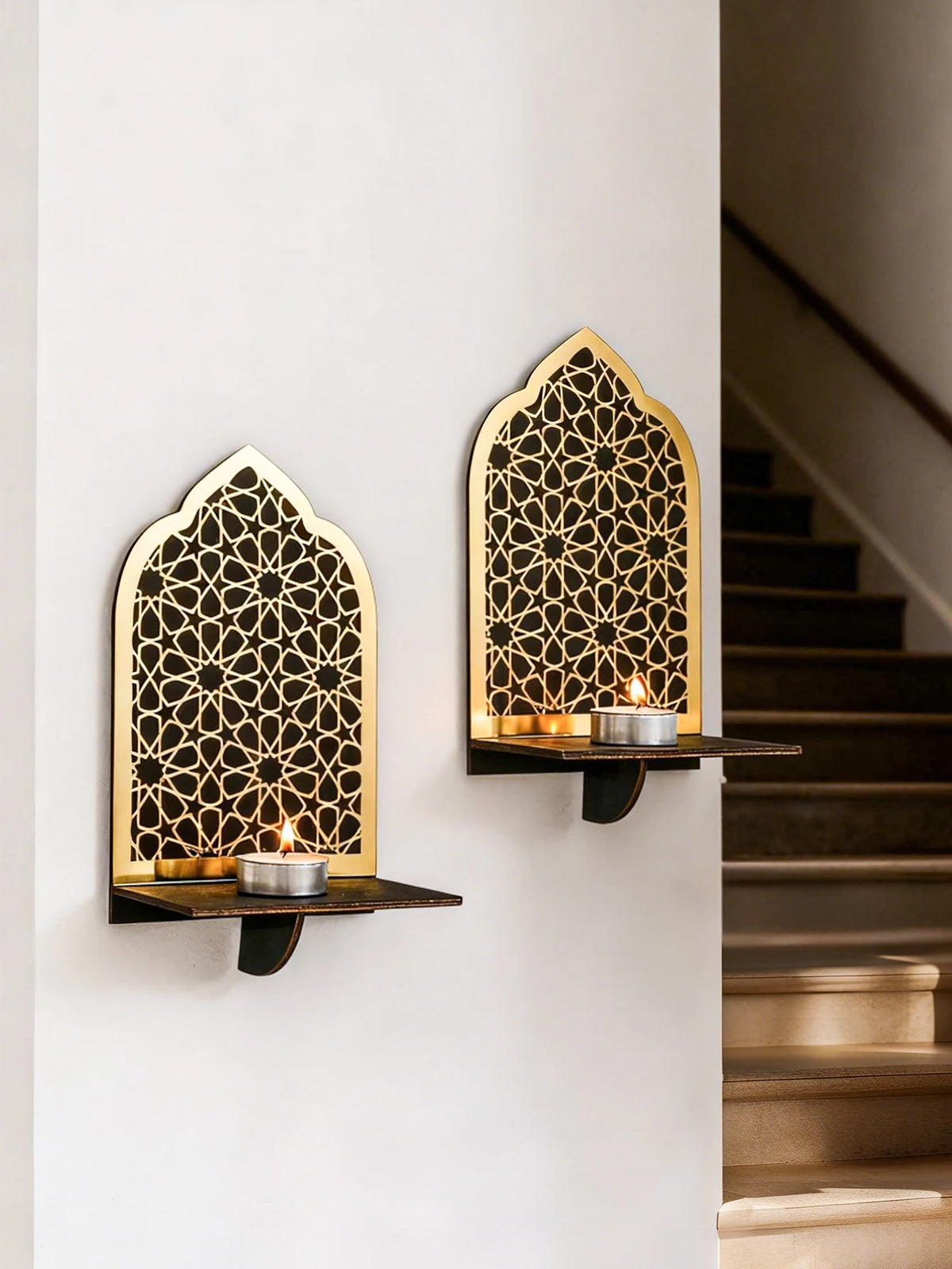 Islamic Ramadan Wood Wall Shelf Geometric Gold Black Acrylic Hanging Shelf for Eid Mubarak Kareem Candle Incense Home Decor Gift