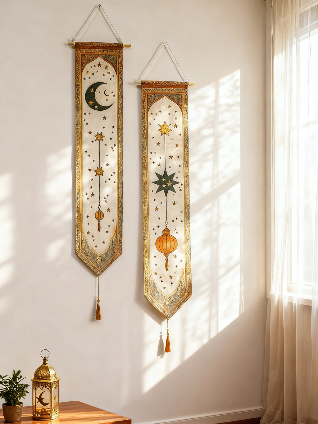 Islamic Ramadan Wall Banner Moon Star Lantern Tapestry for Eid Mubarak Kareem Muslim Festival Home Decor Hanging Ornaments Gifts