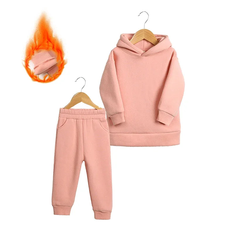 2026 Children Kids Fleece Winter Outfits Solid Cotton Hooded Sweatshirt+Pants Toddler Infant Suit Boy Girl Casual Warm Clothes