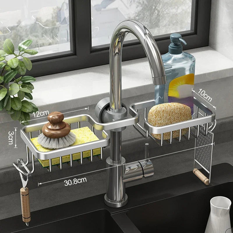 Kitchen Space Aluminum Sink Drain Rack Sponge Storage Faucet Holder Soap Drainer Shelf Basket Organizer Bathroom Accessories