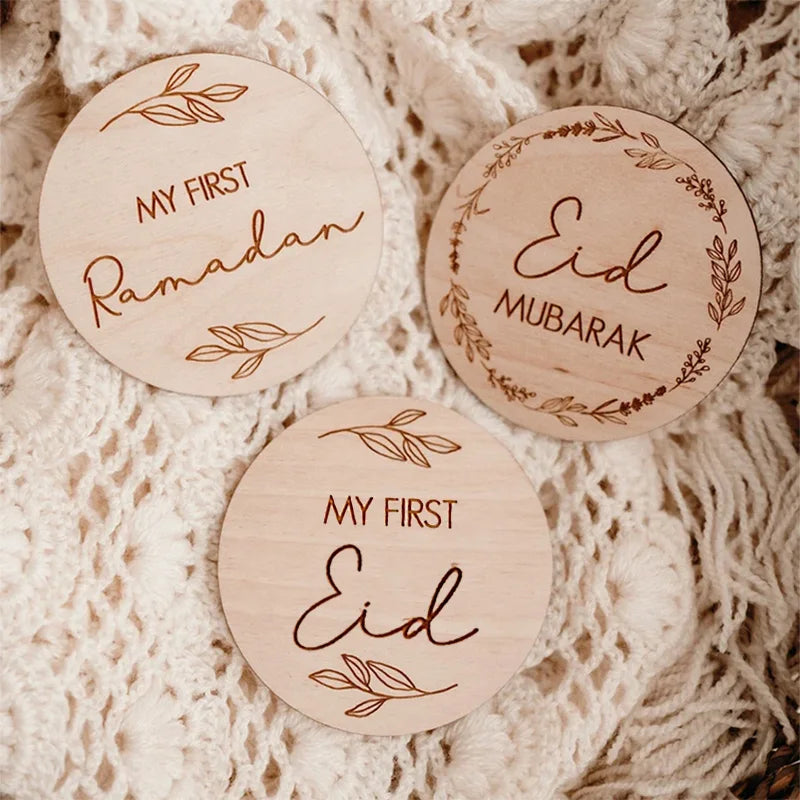 Islamic Wooden Milestone Card Muslim First Eid 1st Ramadan Kareem Photo Props Baby Shower Eid Mubarak Gift Newborn Shooting