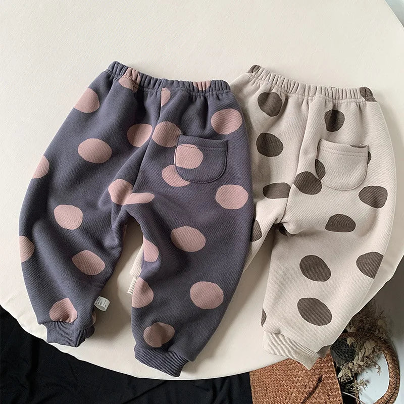 2025 New Winter Children Dot Print Trousers Plus Velvet Thick Girls Harem Pants Baby Boys Fleece Casual Pants Kids Clothes