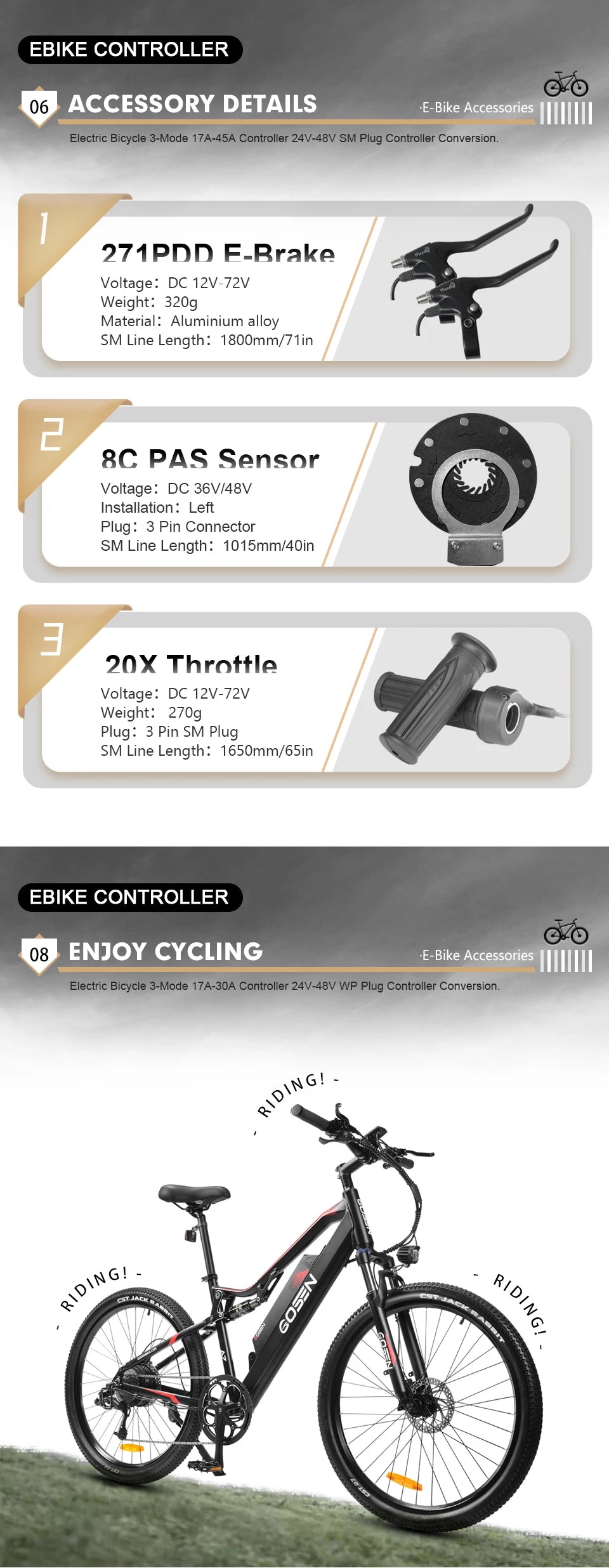 17A26A30A Ebike Brushless Motor Controller 350W/750W/1000W Sinewave Controller G51 LCD Display UART2 Protocol for Scooter E-Bike