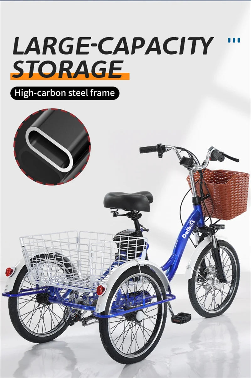 20inch 3 Wheels Electric Bike For Adults 350W 48V 7 Speed Cargo Electric Tricycle For Elderly People Removable Battery
