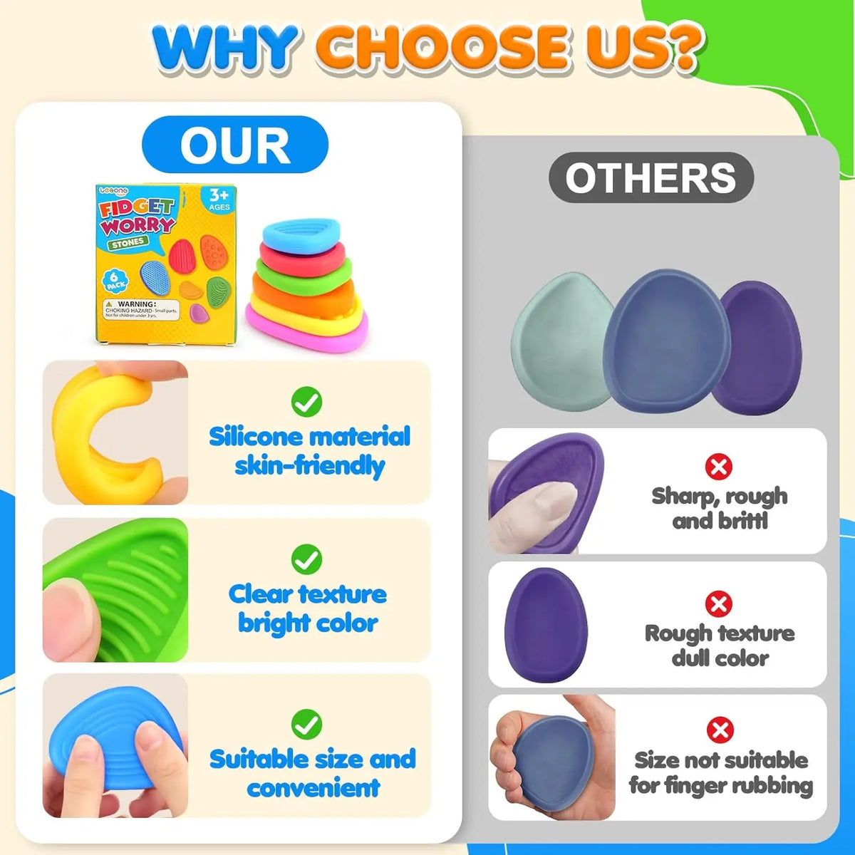 6Pcs Fidget Toys Sensory Stone for Kids Textured Soft Worry Stone for Autism Quiet Fidgets Stress Items Anxiety Relief Gift