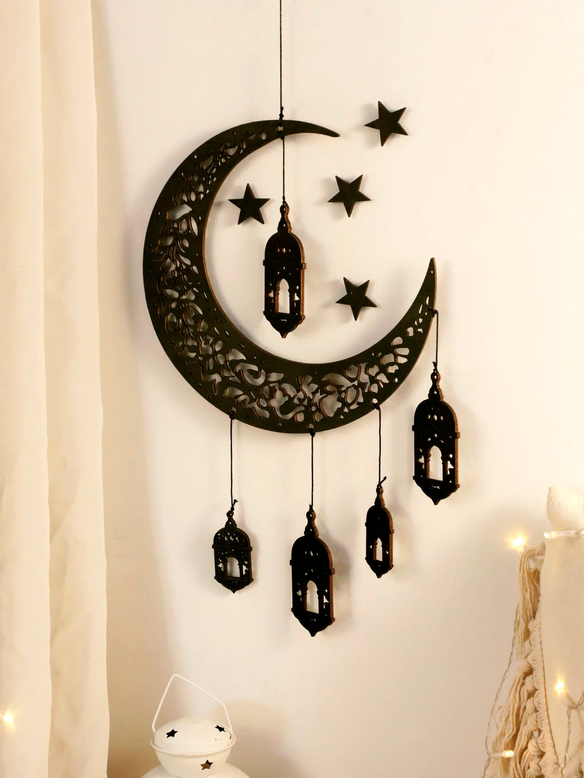 Wooden Hollow Moon and Star Lantern – DIY Ramadan Hanging Decor, Islamic Eid Mubarak Festival Decorations，Ornament Islamic Gifts