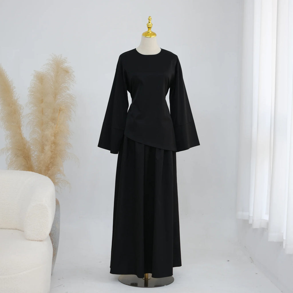 Elegant Muslim Women 2 Piece Abaya Set Ramadan Modest Summer Daily Turkey Top and Skirt Suit Islamic Casual Outfit for Eid