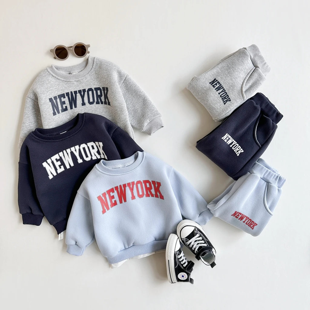 Winter Thickened Newborn Boy Girl 2PCS Plush Letter Printing Casual Suits Outfits Set Children's Clothing
