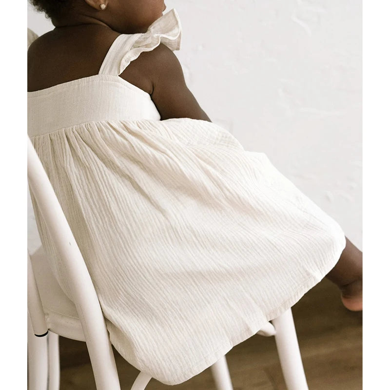 100%Cotton Muslin Girls White Dress With Lined Summer New Retro Baby Girl Sleeveless Ruffled Straps Flowy Princess Dresses TZ385