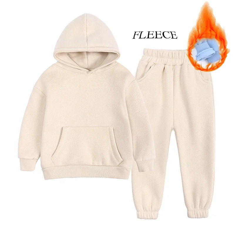 2026 Children Kids Fleece Winter Outfits Solid Cotton Hooded Sweatshirt+Pants Toddler Infant Suit Boy Girl Casual Warm Clothes