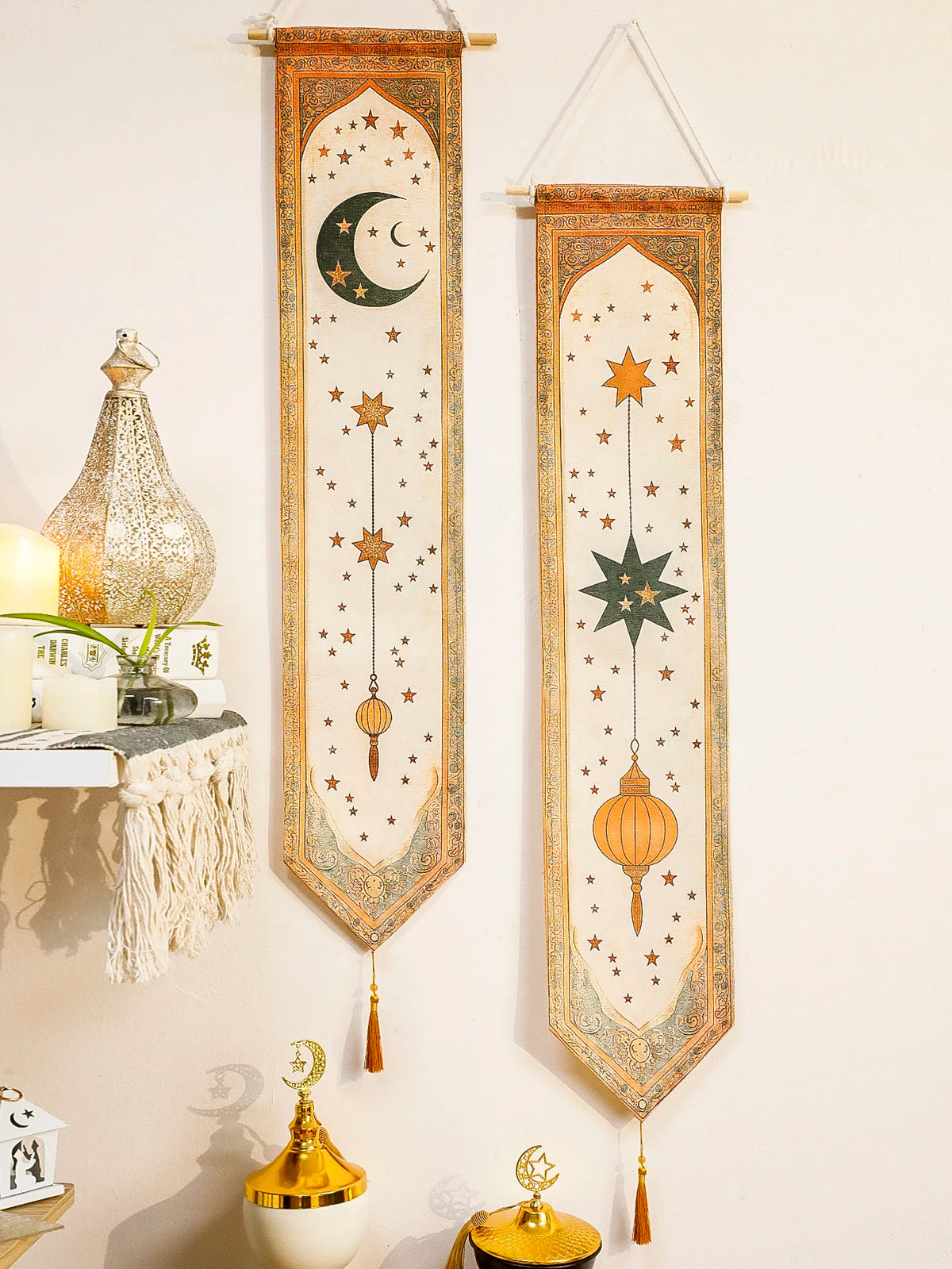 Islamic Ramadan Wall Banner Moon Star Lantern Tapestry for Eid Mubarak Kareem Muslim Festival Home Decor Hanging Ornaments Gifts