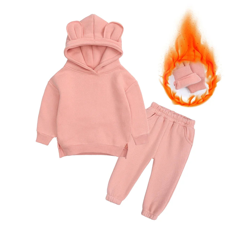 2026 Children Kids Fleece Winter Outfits Solid Cotton Hooded Sweatshirt+Pants Toddler Infant Suit Boy Girl Casual Warm Clothes