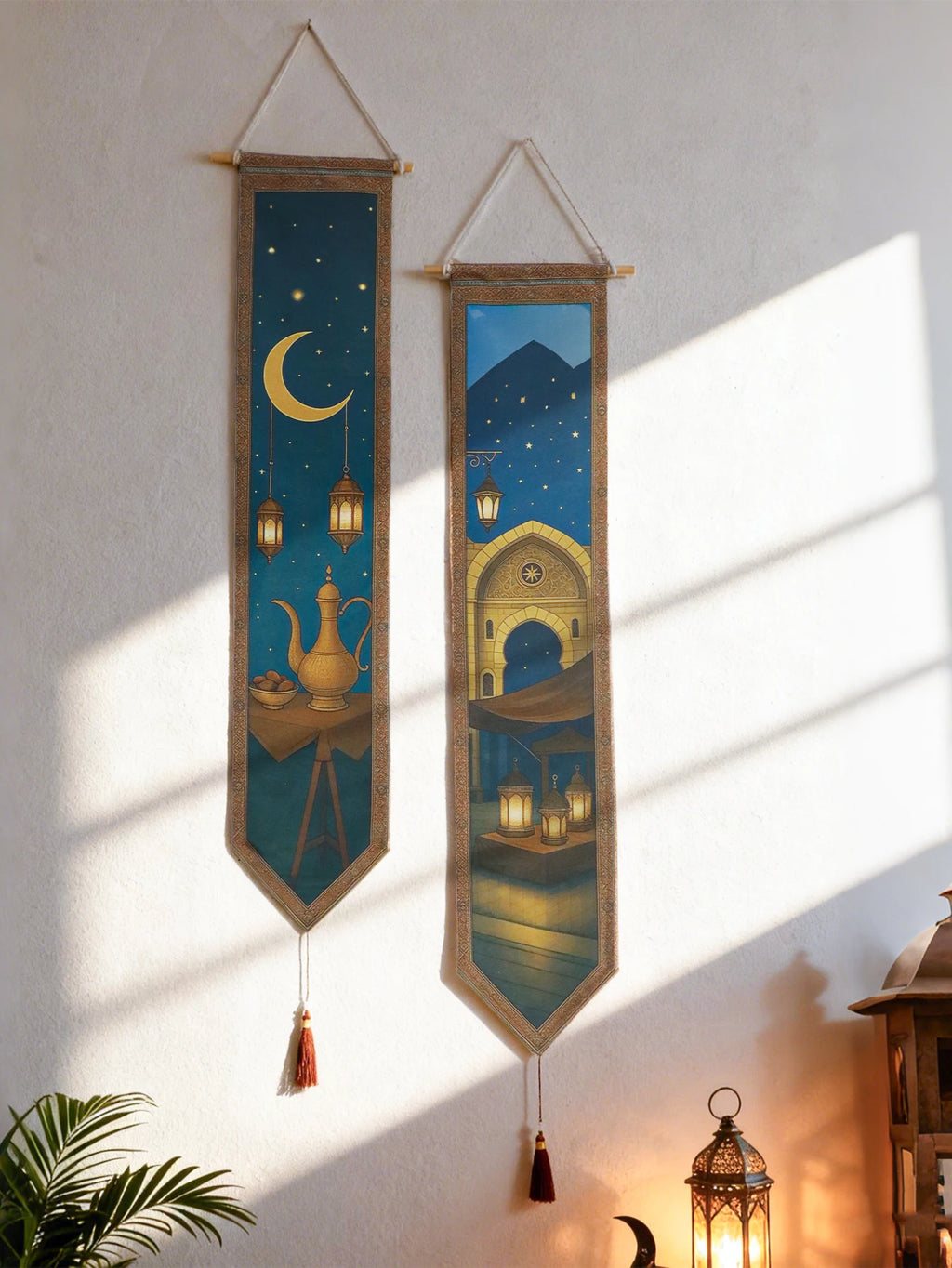 Islamic Ramadan Wall Banner Moon Lantern Mosque Tapestry for Eid Mubarak Kareem Muslim Festival Home Decor Hanging Ornament Gift