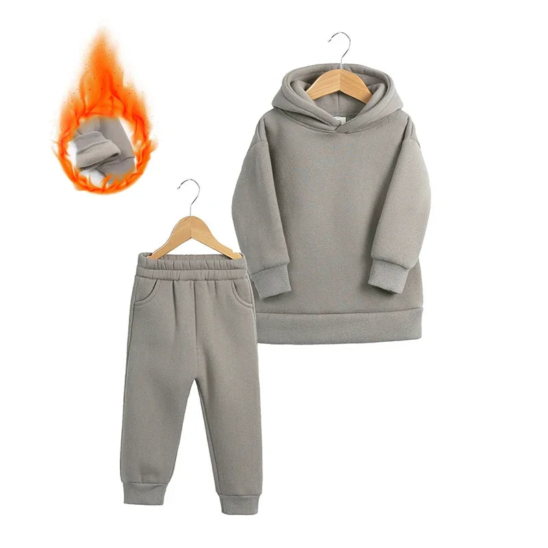 2026 Children Kids Fleece Winter Outfits Solid Cotton Hooded Sweatshirt+Pants Toddler Infant Suit Boy Girl Casual Warm Clothes