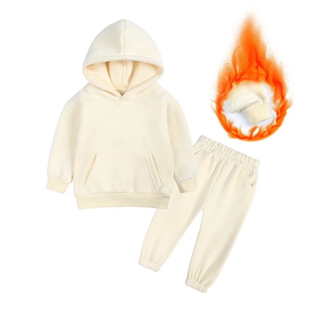 2026 Children Kids Fleece Winter Outfits Solid Cotton Hooded Sweatshirt+Pants Toddler Infant Suit Boy Girl Casual Warm Clothes