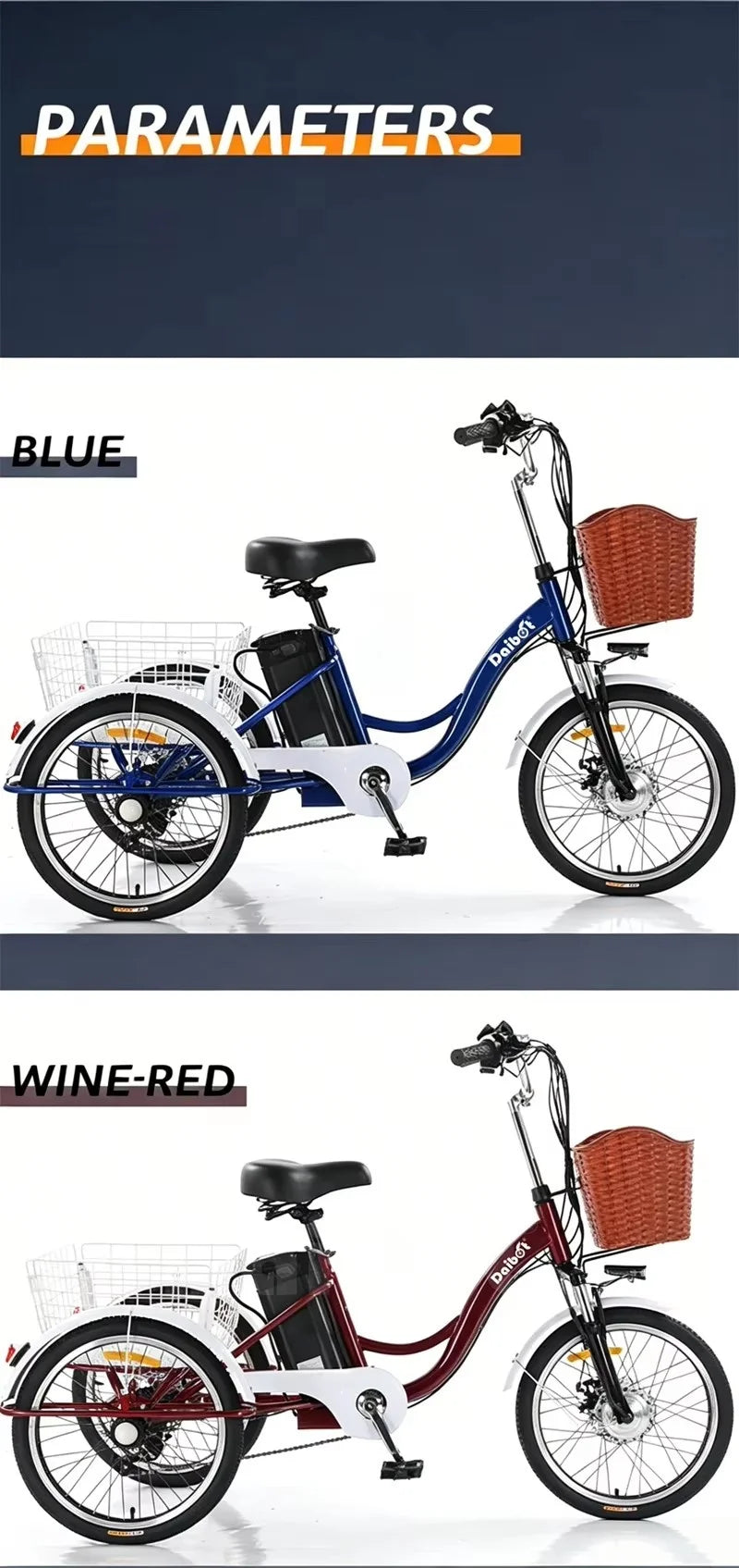 20inch 3 Wheels Electric Bike For Adults 350W 48V 7 Speed Cargo Electric Tricycle For Elderly People Removable Battery