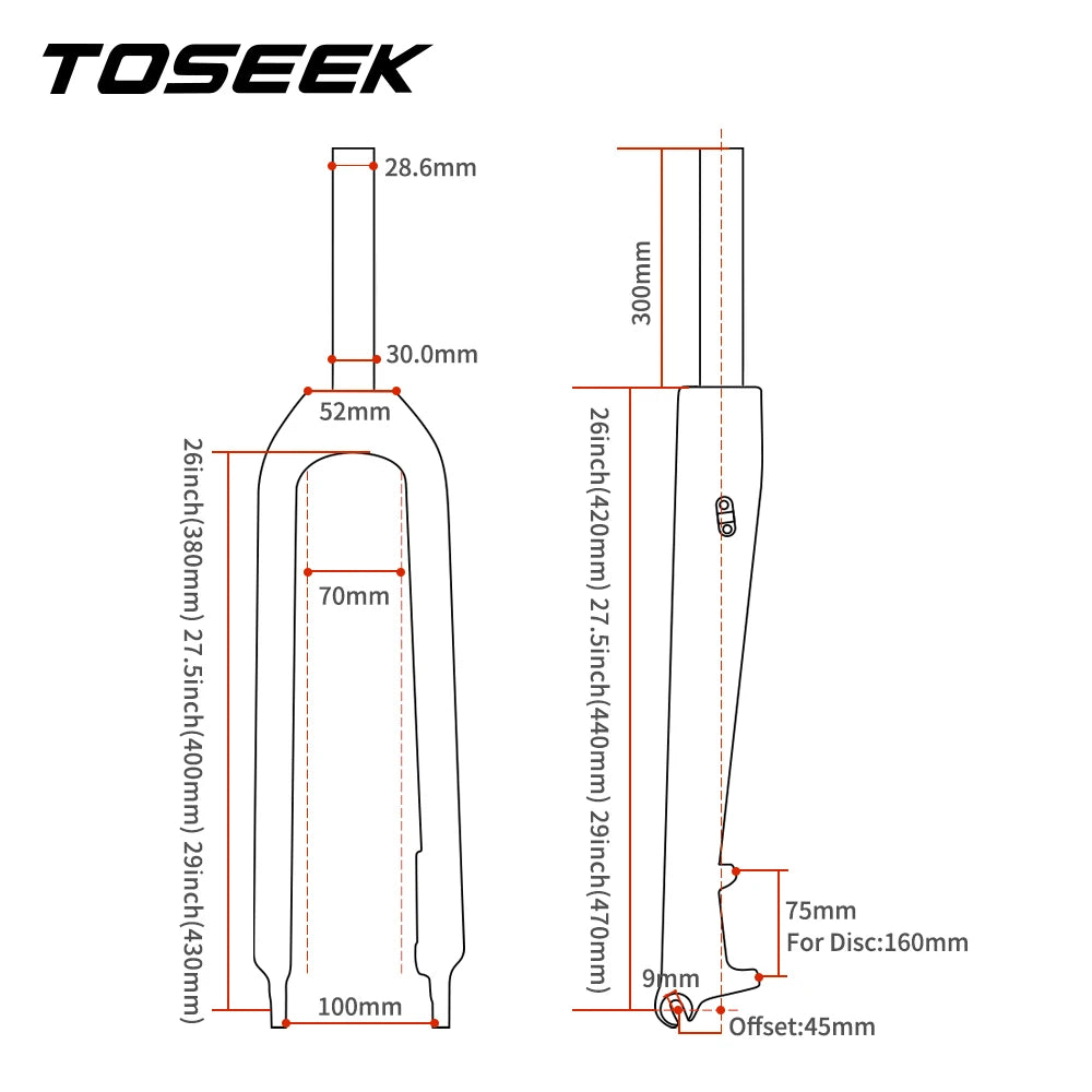 TOSEEK T800 Carbon Fiber Rigid Fork MTB Bike Forks Mountain Bicycle Front Fork 26er 27.5er 29er Steerer Tube 1-1/8" 28.6mm